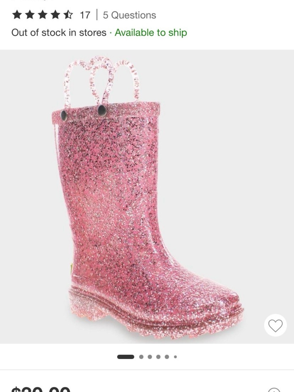 Western Chief Glitter Pink Light-Up Rain Boots with Heart Handles Toddler Sz 5